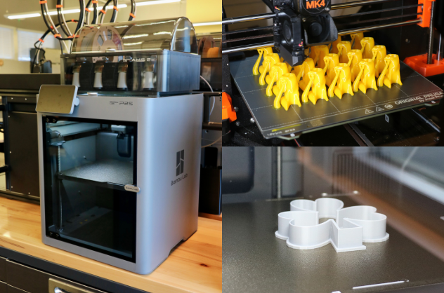 Graphic featuring three images of the Bambu 3D printer at Westside Library, including a view of the printer and two projects being created with it.