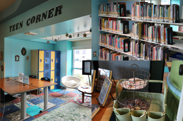 Three photos of the Teen Corner at Pensacola Library showing a welcoming teen space with tables, seating, and lockers; a display of free stickers; and bookshelves stocked with teen books.